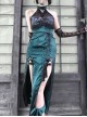 Lust Snake Series Sexy Slim Tassels Halter Improve Cheongsam Gothic Black Tulle Blackish Green Jacquard Satin Split Hem Dress