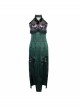 Lust Snake Series Sexy Slim Tassels Halter Improve Cheongsam Gothic Black Tulle Blackish Green Jacquard Satin Split Hem Dress