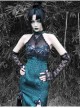 Lust Snake Series Sexy Slim Tassels Halter Improve Cheongsam Gothic Black Tulle Blackish Green Jacquard Satin Split Hem Dress