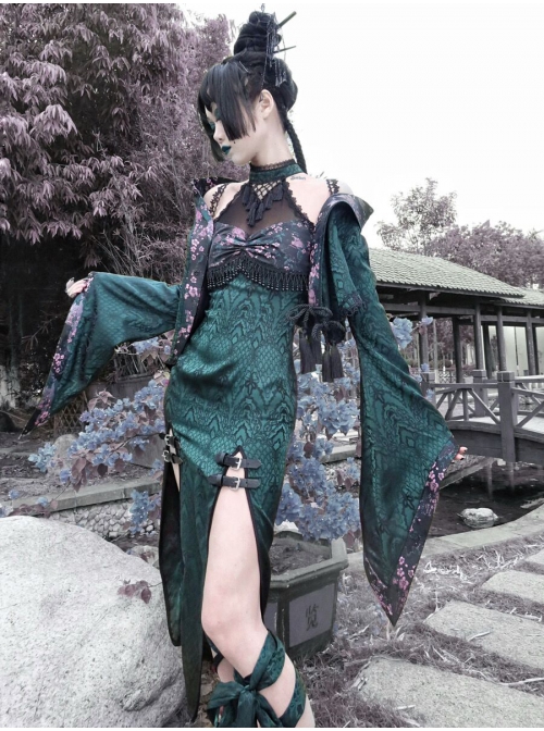 Lust Snake Series Sexy Slim Tassels Halter Improve Cheongsam Gothic Black Tulle Blackish Green Jacquard Satin Split Hem Dress
