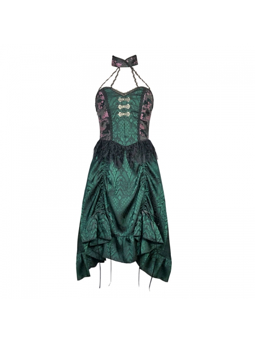 Lust Snake Series Jacquard Black Lace Halter Improve Cheongsam Gothic Sexy Blackish Green Drawstring Small A-line Hem Dress