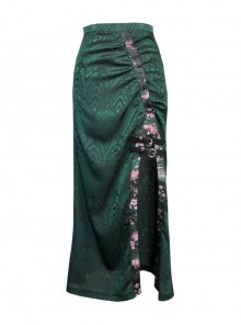 Lust Snake Series Serpentine Duckweed Jacquard Gothic Blackish Green Sexy Slim Split Hem Skirt