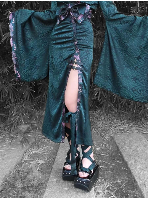 Lust Snake Series Serpentine Duckweed Jacquard Gothic Blackish Green Sexy Slim Split Hem Skirt