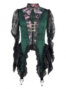 Lust Snake Series Green Serpentine Chinese Style Jacquard Gothic Improve Cheongsam Design Collar Black Lace Irregular Hem Top