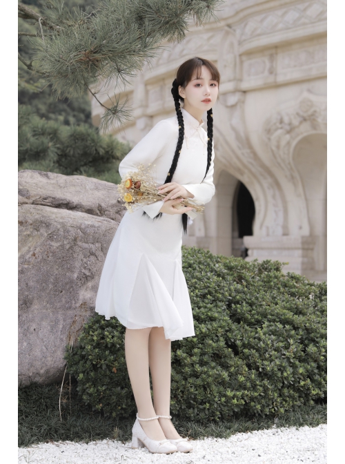 Return Date Series Chinese Elements Elegant White Cherry Blossoms Jacquard Long Sleeve Cheongsam