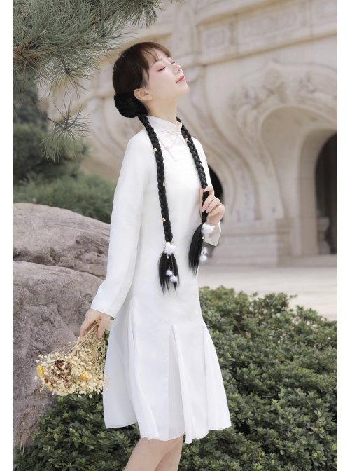 Return Date Series Chinese Elements Elegant White Cherry Blossoms Jacquard Long Sleeve Cheongsam