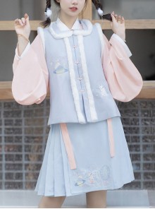 Star Moon Rabbit Series Improve Ming Dynasty Hanfu Cute Embroidery Pink Top Blue Vest Blue Skirt Han Element Set