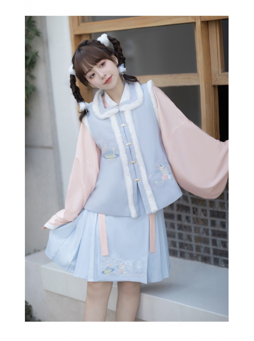Star Moon Rabbit Series Improve Ming Dynasty Hanfu Cute Embroidery Pink Top Blue Vest Blue Skirt Han Element Set