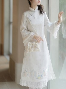 Star Moon Rabbit Series Cute Embroidery Han Element Long Sleeve Dress Autumn Winter Thicken White Improve Cheongsam