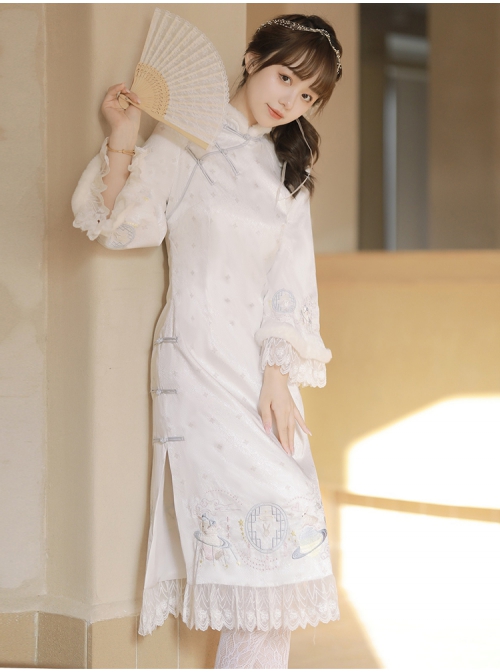 Star Moon Rabbit Series Cute Embroidery Han Element Long Sleeve Dress Autumn Winter Thicken White Improve Cheongsam