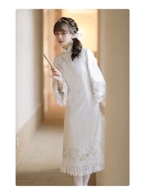 Star Moon Rabbit Series Cute Embroidery Han Element Long Sleeve Dress Autumn Winter Thicken White Improve Cheongsam