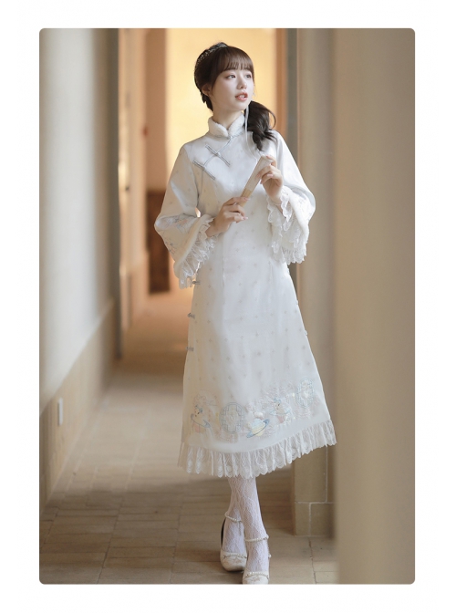 Star Moon Rabbit Series Cute Embroidery Han Element Long Sleeve Dress Autumn Winter Thicken White Improve Cheongsam