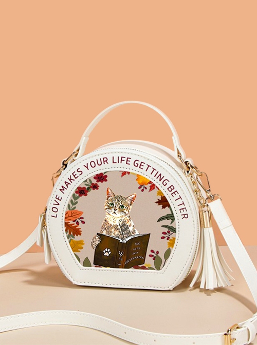 Cartoon Lolita Fringe Cat Pattern Decoration Letter Print Round Crossbody Shoulder Bag