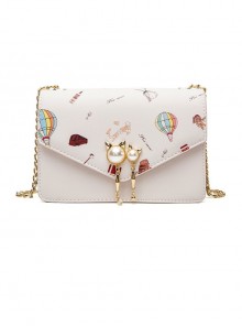 Japanese Style Lolita Graphic Print Decoration Pearl Metal Cat Shape Chain Square Bag