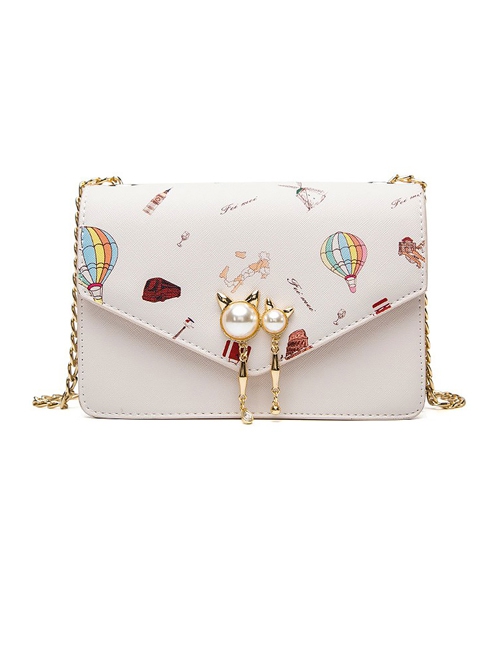 Japanese Style Lolita Graphic Print Decoration Pearl Metal Cat Shape Chain Square Bag