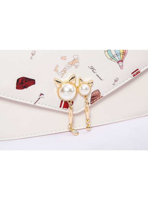 Japanese Style Lolita Graphic Print Decoration Pearl Metal Cat Shape Chain Square Bag