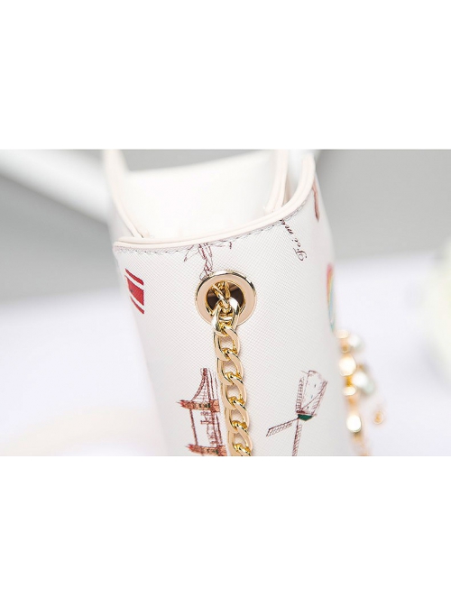 Japanese Style Lolita Graphic Print Decoration Pearl Metal Cat Shape Chain Square Bag