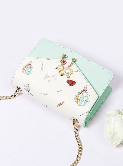 Japanese Style Lolita Graphic Print Decoration Pearl Metal Cat Shape Chain Square Bag