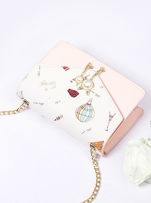 Japanese Style Lolita Graphic Print Decoration Pearl Metal Cat Shape Chain Square Bag