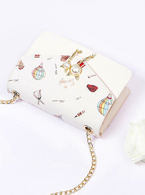 Japanese Style Lolita Graphic Print Decoration Pearl Metal Cat Shape Chain Square Bag