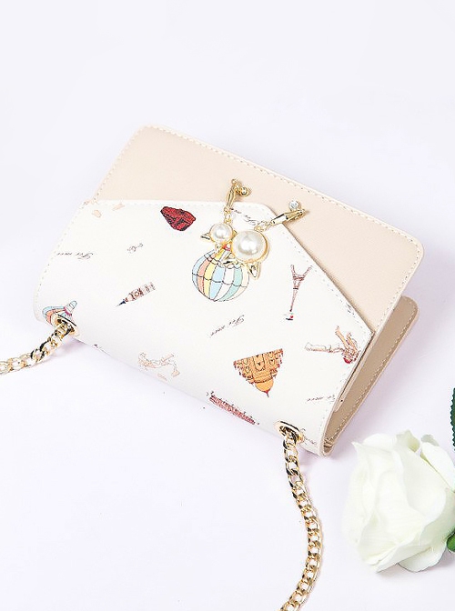 Japanese Style Lolita Graphic Print Decoration Pearl Metal Cat Shape Chain Square Bag