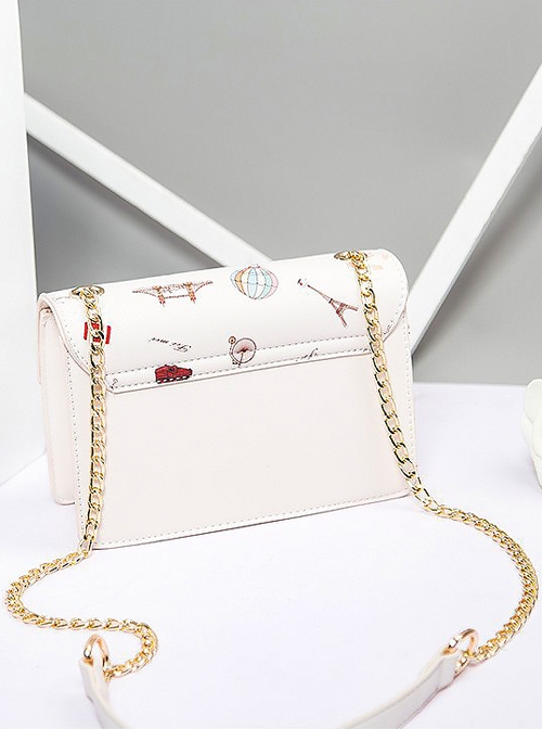 Japanese Style Lolita Graphic Print Decoration Pearl Metal Cat Shape Chain Square Bag