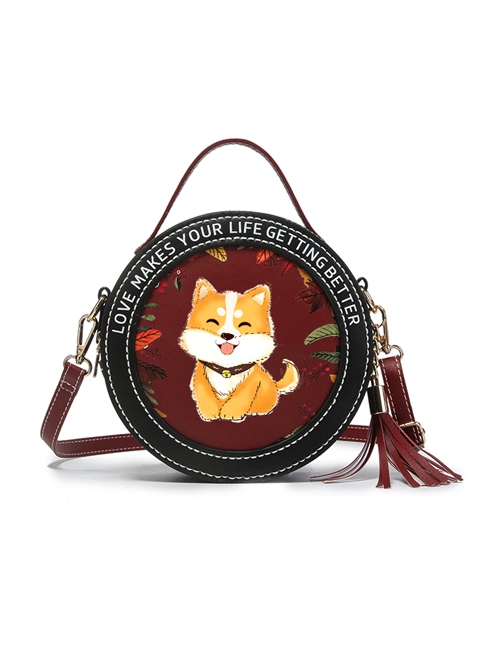 Lolita Cute Cartoon Puppy English Alphabet Print Decoration Round Tassel Bag