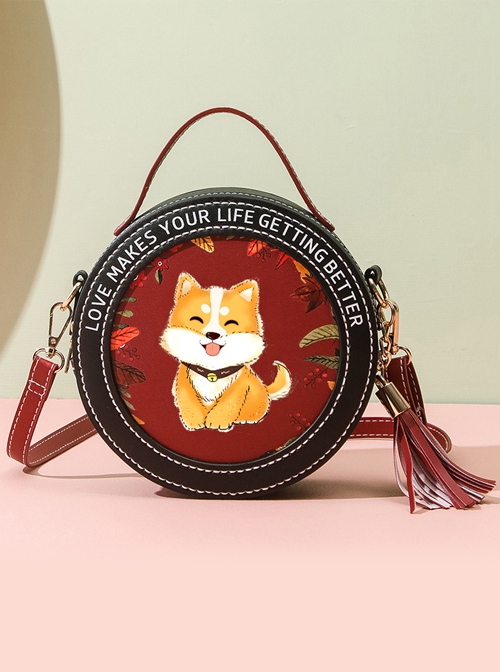 Lolita Cute Cartoon Puppy English Alphabet Print Decoration Round Tassel Bag