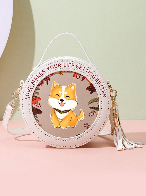 Lolita Cute Cartoon Puppy English Alphabet Print Decoration Round Tassel Bag