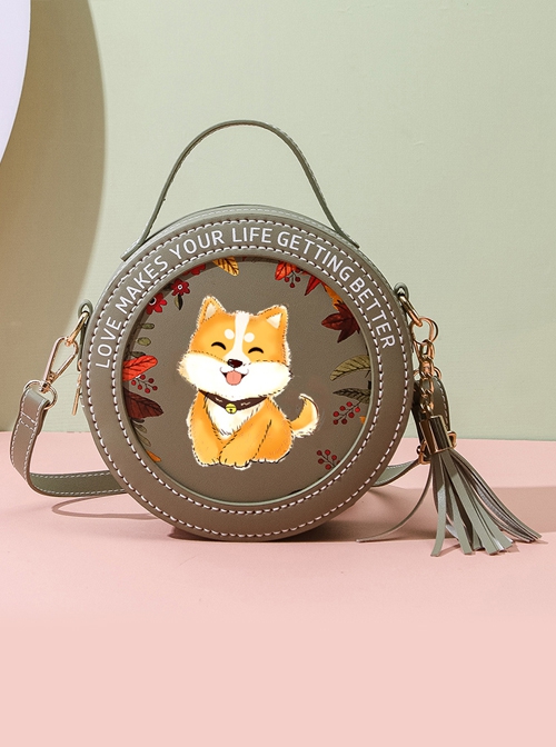 Lolita Cute Cartoon Puppy English Alphabet Print Decoration Round Tassel Bag