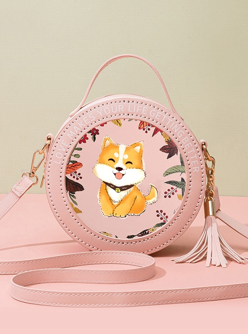 Lolita Cute Cartoon Puppy English Alphabet Print Decoration Round Tassel Bag