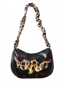 Punk Black Cool Flame Alphabet Print Design Leopard-Print Shoulder Bag