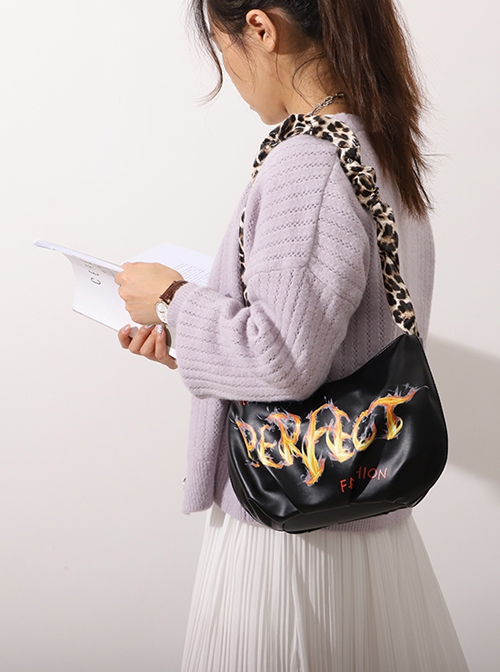 Punk Black Cool Flame Alphabet Print Design Leopard-Print Shoulder Bag