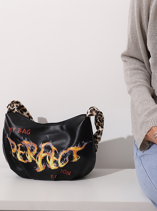 Punk Black Cool Flame Alphabet Print Design Leopard-Print Shoulder Bag
