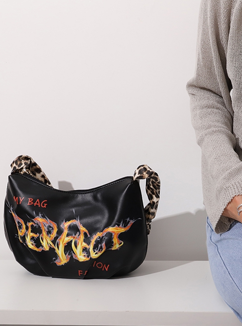 Punk Black Cool Flame Alphabet Print Design Leopard-Print Shoulder Bag