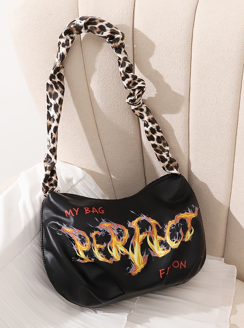 Punk Black Cool Flame Alphabet Print Design Leopard-Print Shoulder Bag