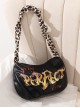 Punk Black Cool Flame Alphabet Print Design Leopard-Print Shoulder Bag