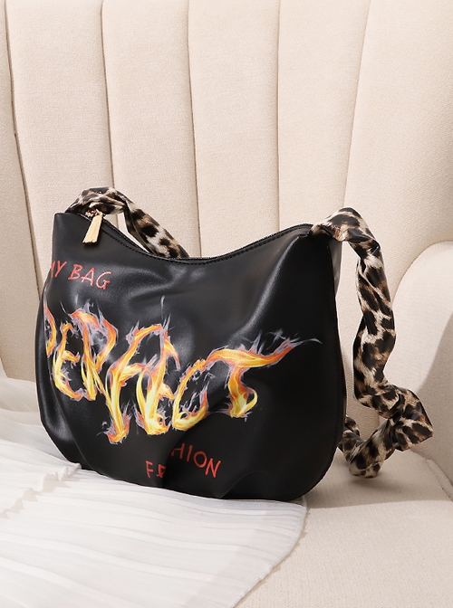 Punk Black Cool Flame Alphabet Print Design Leopard-Print Shoulder Bag