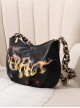 Punk Black Cool Flame Alphabet Print Design Leopard-Print Shoulder Bag