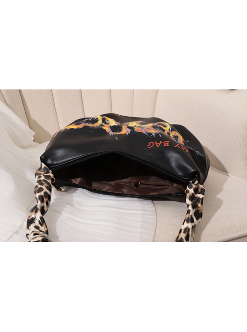 Punk Black Cool Flame Alphabet Print Design Leopard-Print Shoulder Bag