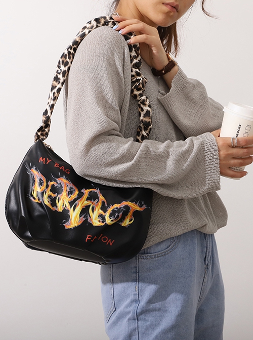 Punk Black Cool Flame Alphabet Print Design Leopard-Print Shoulder Bag