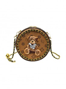 Lolita Circular Print Fluffy Bear Metal Chain Trim Crossbody Chain Bag