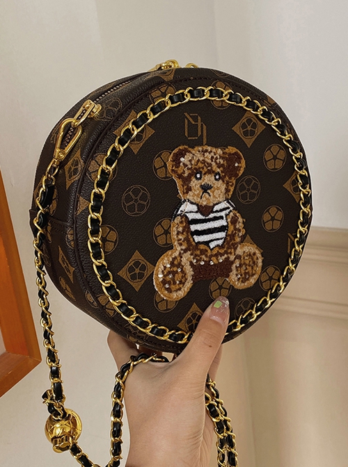 Lolita Circular Print Fluffy Bear Metal Chain Trim Crossbody Chain Bag