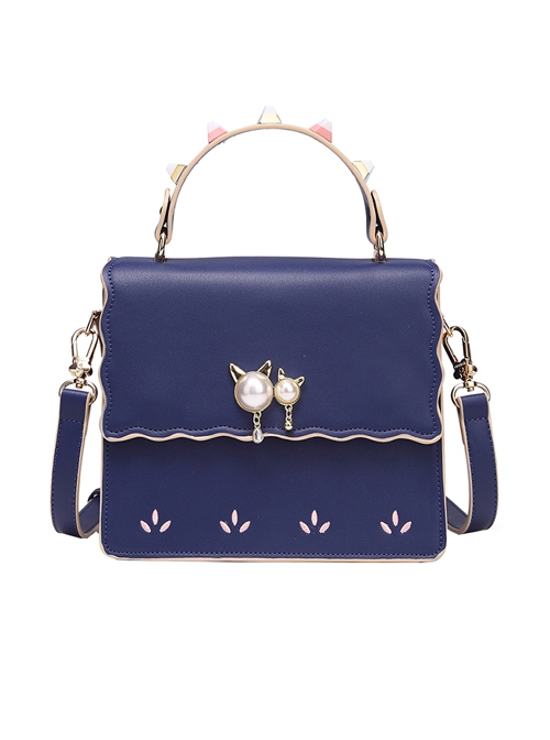 Lolita Solid Color Leather Embroidered Decorative Metal Pearl Cat Ear Shape Square Bag