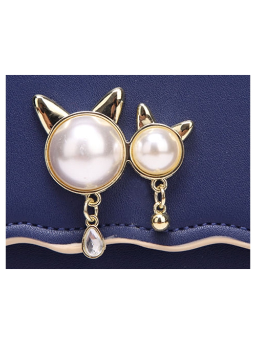 Lolita Solid Color Leather Embroidered Decorative Metal Pearl Cat Ear Shape Square Bag