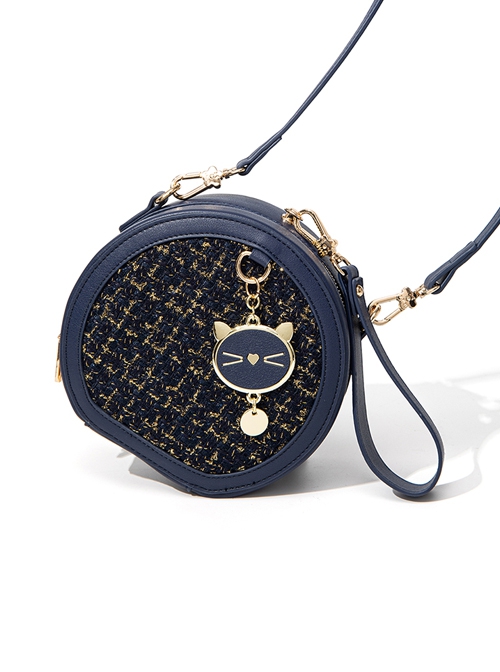 Wool Coarse Pattern Weaving Metal Cat Pendant Decoration Lolita Shoulder Crossbody Leather Bag