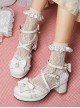 Lolita Round Head Decorative Bow Lace Chunky Heel Cross-Tie Design Pearl Decoration Metal Buckle High Heel Shoes