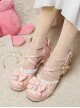 Lolita Round Head Decorative Bow Lace Chunky Heel Cross-Tie Design Pearl Decoration Metal Buckle High Heel Shoes