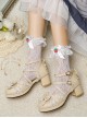 Lolita Round Head Decorative Bow Lace Chunky Heel Cross-Tie Design Pearl Decoration Metal Buckle High Heel Shoes