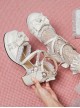 Lolita Round Head Decorative Bow Lace Chunky Heel Cross-Tie Design Pearl Decoration Metal Buckle High Heel Shoes